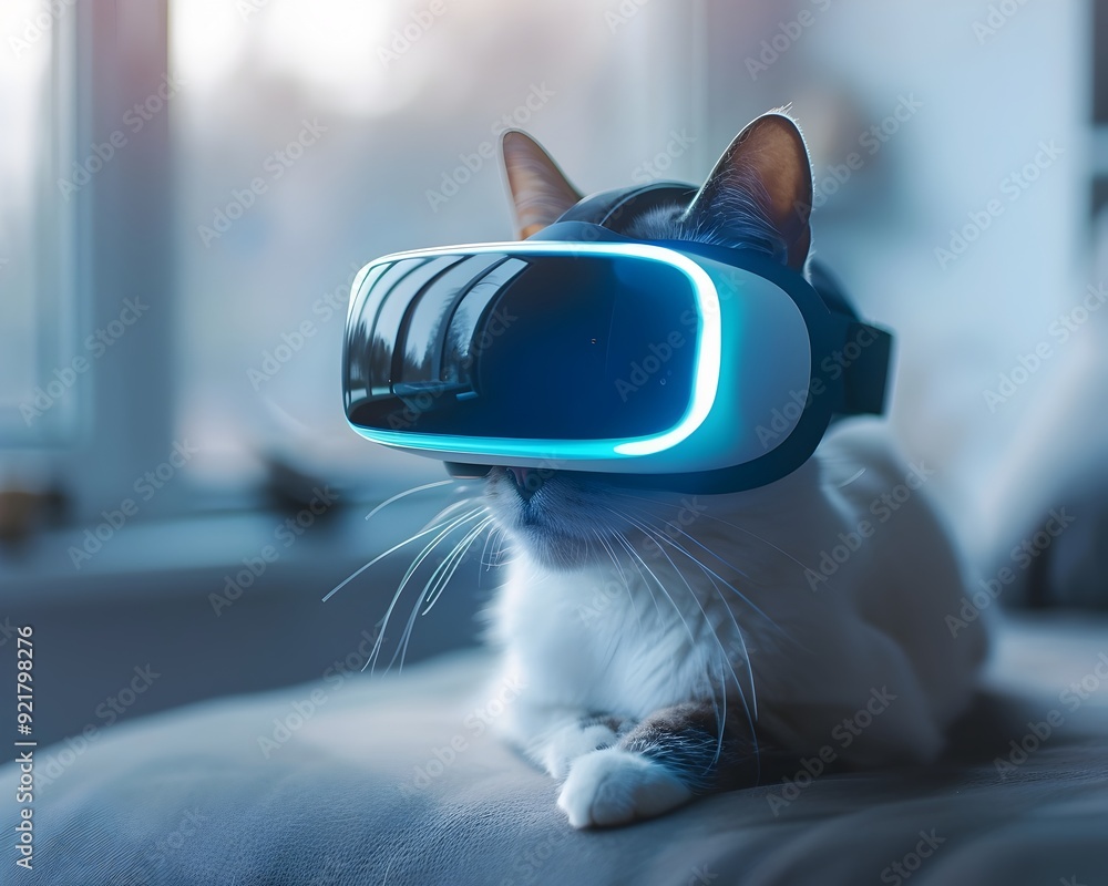 Poster virtual pet simulation displayed on interactive vr headset with user caring for digital animal