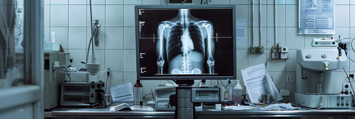 World Radiography Day. Chest x-ray on screen in medical office in hospital. Horizontal banner for a medical clinic. Copy space. International Day of Radiology. World patient safety day. Pneumonia Day