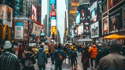 Fototapeta premium People walk through a busy Times Square while rain falls, surrounded by towering advertisements and city energy