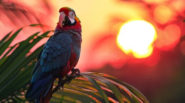 Brightly colored parrot perched on a palm leaf at sunset in a tropical setting