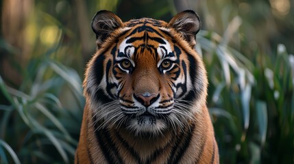 Fototapeta premium Close Up of a Tiger's Face in a Lush Jungle.