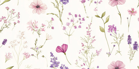 Delicate wildflowers and herbs sketched in soft pinks and purples, scattered on a light cream surface, seamless pattern