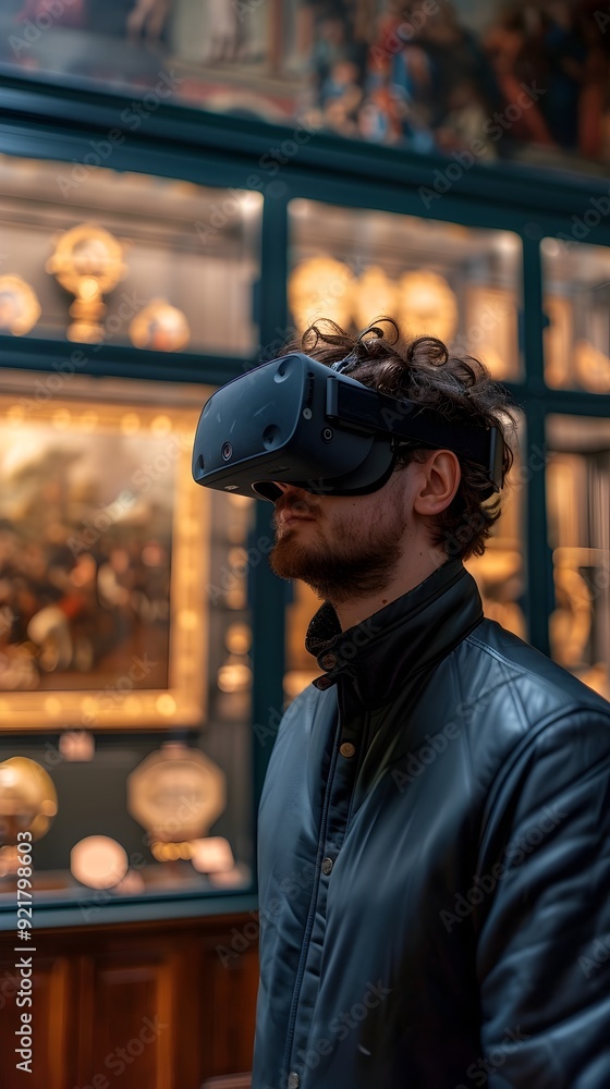 Poster exploring a virtual museum with interactive historical artifacts in vr headset