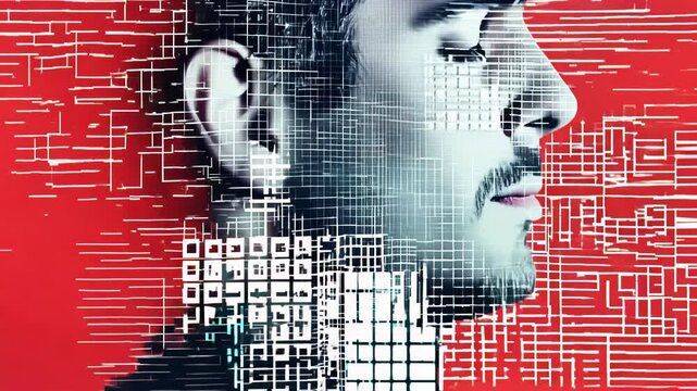 Man's profile disintegrates into pixels against red and black background. Static composition emphasizes gradual transformation, creating surreal technological atmosphere.	