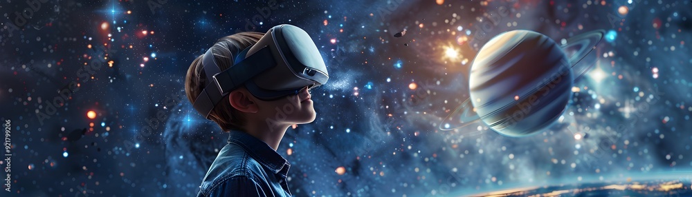 Aufkleber vr headset displaying space scene with zero gravity and distant planets
