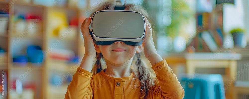 Poster child immersed in virtual classroom learning environment with vr headset