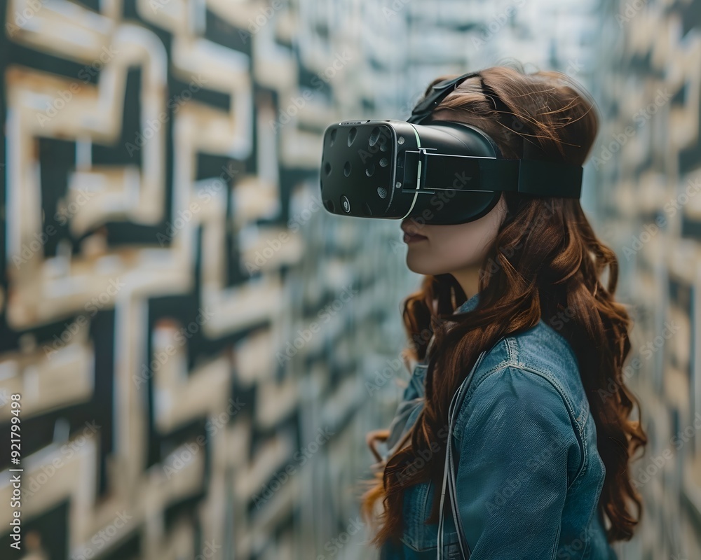 Poster vr headset user navigates complex puzzle or escape room game showcasing problem solving skills