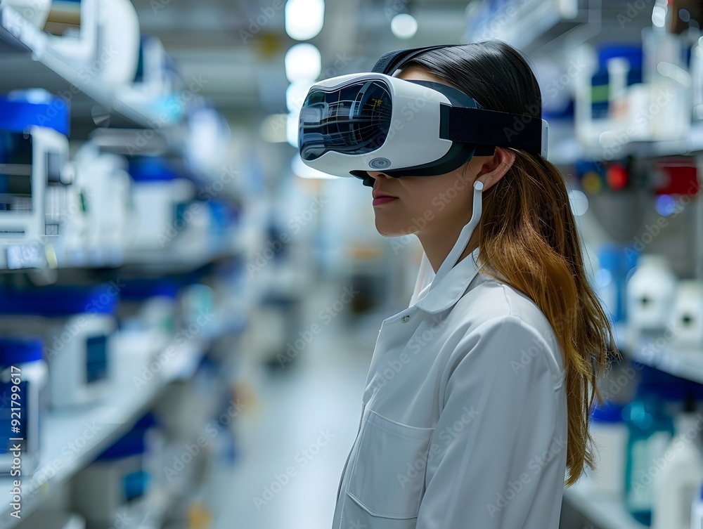 Poster student using virtual reality headset for digital science experiments in lab
