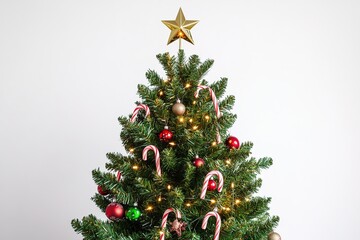 Decorated Christmas tree with star topper and candy canes