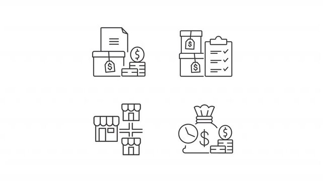 Animated franchise business icons. Money in business line animation library. Accounts receivables. Packaged goods. Black illustrations on white background. HD video with alpha channel. Motion graphic