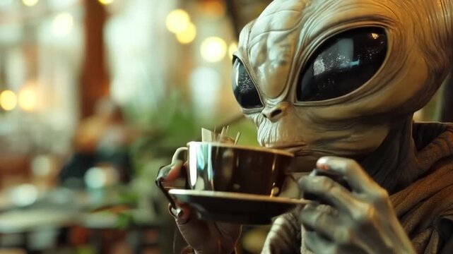 Alien enjoying coffee at a cozy caf&eacute; surrounded by greenery