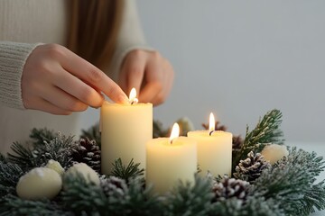 Person lighting candles on festive wreath, cozy holiday vibe