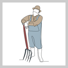 Continuous single line sketch drawing of farmer man worker holding fork farming tool. One line art of occupation professional worker vector illustration