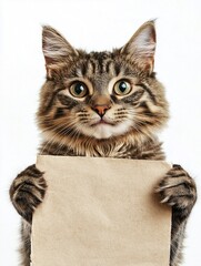 a funny cat holding a blank peace of paper for a message