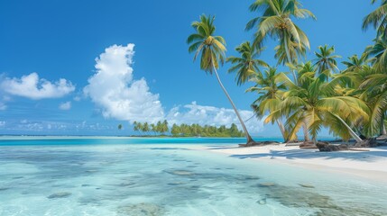 A tropical beach with palm leaves and white sand, with the sea in the background