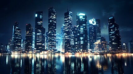 Nighttime view of a technologically advanced city with sleek, illuminated skyscrapers. Premium background for the latest technology needs.