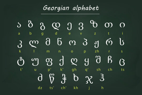Georgian Alphabet Chart with English Transliteration on Chalkboard