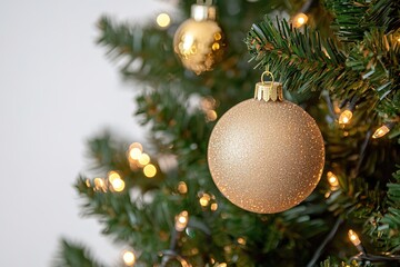 Fototapeta premium Golden bauble on Christmas tree with festive lights