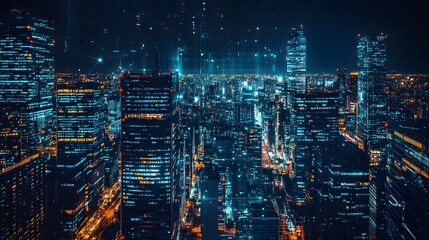 Naklejka premium Nighttime view of a technologically advanced city with sleek, illuminated skyscrapers. Premium background for the latest technology needs.