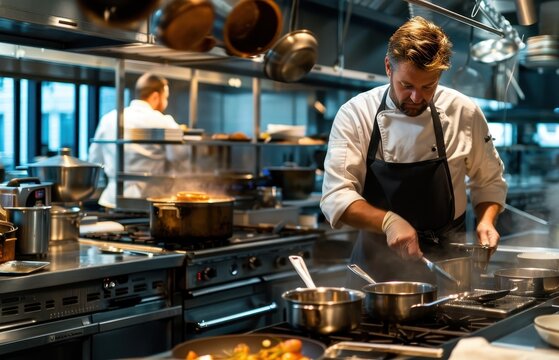 Chefs work diligently in a bustling kitchen, creating exquisite meals during dinner service