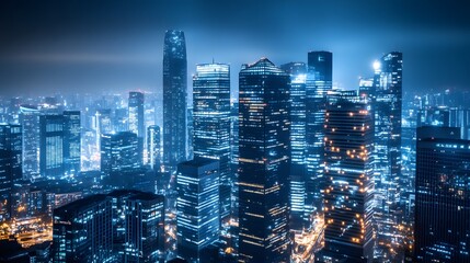 Nighttime view of a technologically advanced city with sleek, illuminated skyscrapers. Premium background for the latest technology needs.