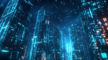 Fototapeta premium Nighttime view of a technologically advanced city with sleek, illuminated skyscrapers. Premium background for the latest technology needs.