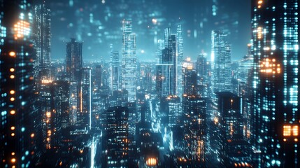 Fototapeta premium Nighttime view of a technologically advanced city with sleek, illuminated skyscrapers. Premium background for the latest technology needs.