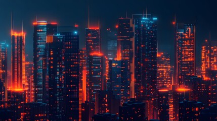 Fototapeta premium Nighttime view of a technologically advanced city with sleek, illuminated skyscrapers. Premium background for the latest technology needs.
