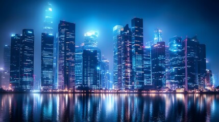 Nighttime view of a technologically advanced city with sleek, illuminated skyscrapers. Premium background for the latest technology needs.