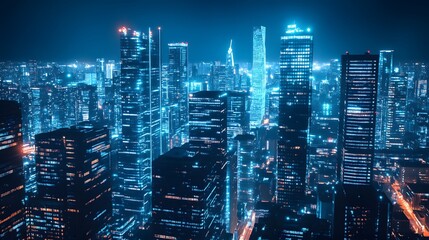 Naklejka premium Nighttime view of a technologically advanced city with sleek, illuminated skyscrapers. Premium background for the latest technology needs.
