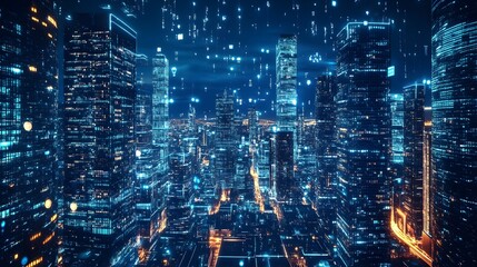 Fototapeta premium Nighttime view of a technologically advanced city with sleek, illuminated skyscrapers. Premium background for the latest technology needs.