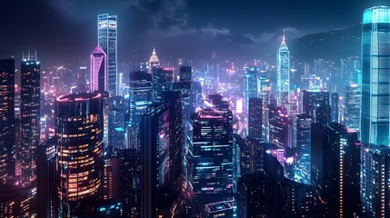 Fototapeta premium Nighttime view of a technologically advanced city with sleek, illuminated skyscrapers. Premium background for the latest technology needs.