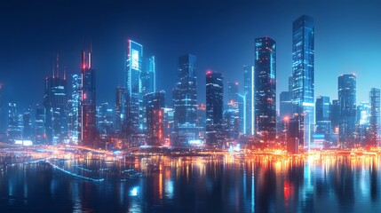 Fototapeta premium Nighttime view of a technologically advanced city with sleek, illuminated skyscrapers. Premium background for the latest technology needs.