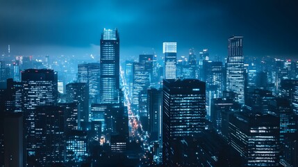 Obraz premium Nighttime view of a technologically advanced city with sleek, illuminated skyscrapers. Premium background for the latest technology needs.