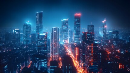 Fototapeta premium Nighttime view of a technologically advanced city with sleek, illuminated skyscrapers. Premium background for the latest technology needs.