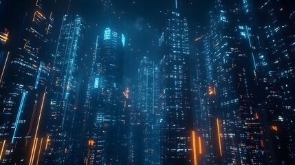 Obraz premium Nighttime view of a technologically advanced city with sleek, illuminated skyscrapers. Premium background for the latest technology needs.