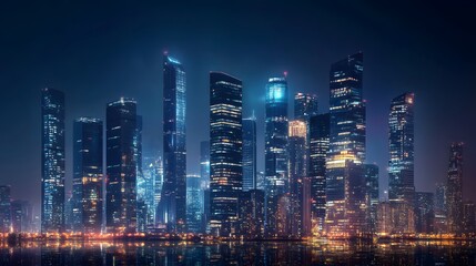 Obraz premium Nighttime view of a technologically advanced city with sleek, illuminated skyscrapers. Premium background for the latest technology needs.