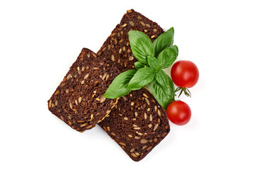 Rye bread with seeds, isolated on white background.