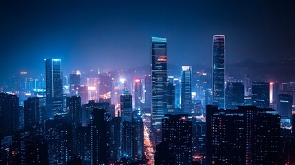 Naklejka premium Nighttime view of a technologically advanced city with sleek, illuminated skyscrapers. Premium background for the latest technology needs.