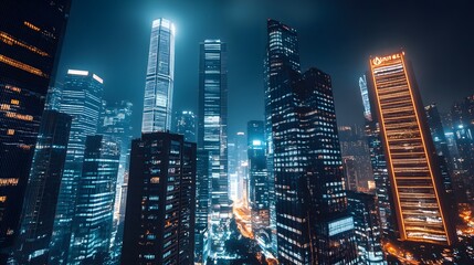 Fototapeta premium Nighttime view of a technologically advanced city with sleek, illuminated skyscrapers. Premium background for the latest technology needs.