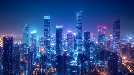 Obraz premium Nighttime view of a technologically advanced city with sleek, illuminated skyscrapers. Premium background for the latest technology needs.