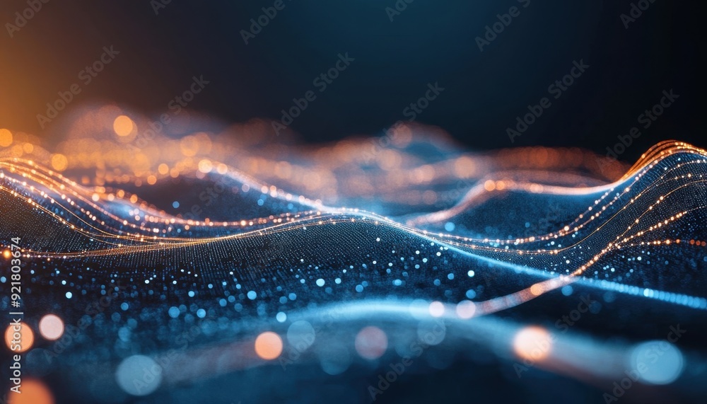 Poster colorful light waves in a dark space representing data flow or digital connectivity