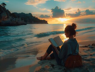 A woman seated on the beach, engrossed in reading a book.