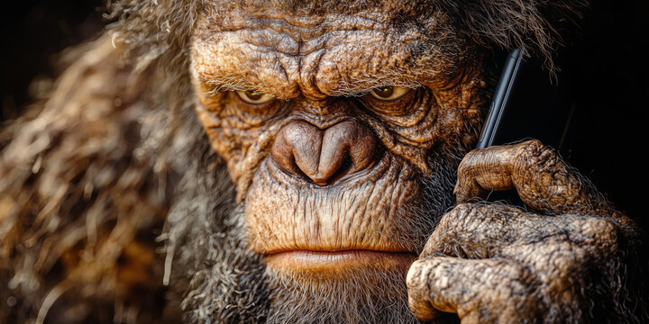 ancient man, pithecanthropus with a mobile phone, close-up