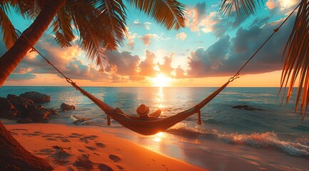 A person relaxes in a hammock on the beach.