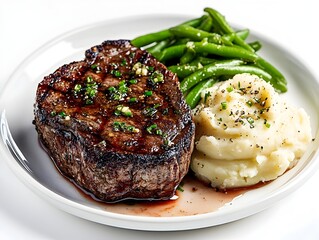 Mouth watering Grilled Steak with Creamy Mashed Potatoes and Crisp Green Beans on Elegant Plate