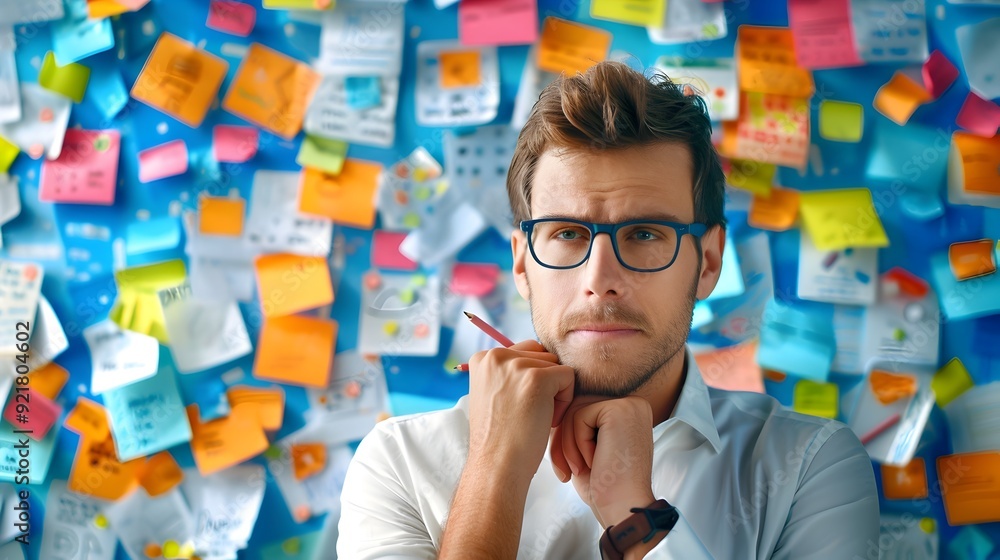 Poster man thinking in front of sticky notes.