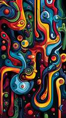 Fototapeta premium A colorful abstract painting with many different shapes and colors. The painting is full of energy and movement, with the colors blending and swirling together.