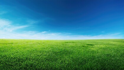 Obraz premium Field of lush green grass with a clear blue sky in the background