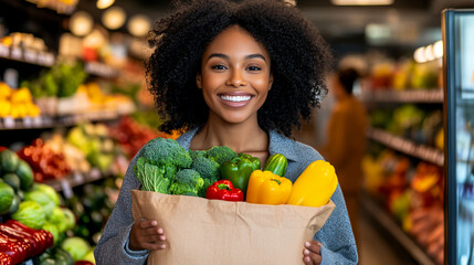Smiling African woman holding reusable paper shopping bag with vegetables in grocery store. Sustainable lifestyle, healthy food concept, eco products.